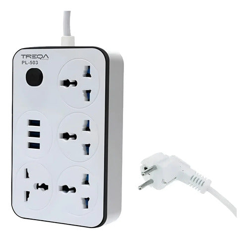 Zapatilla Alargue 2 Metros Cable 4 Conectores + 3 Usb Blanco C/ Negro