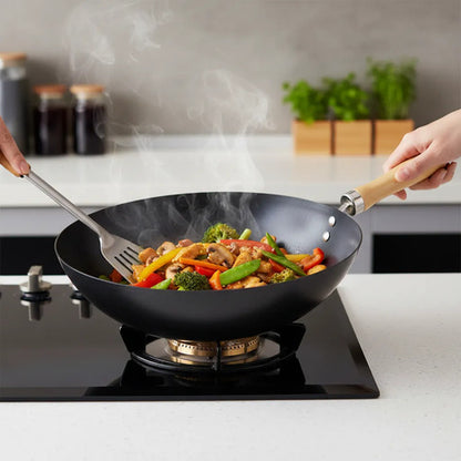 Sartén Wok Antiadherente Mango Madera 30cm Acero Carbono Negro
