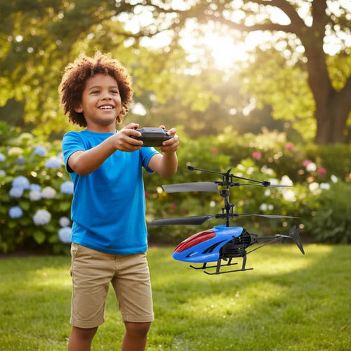 Helicóptero Infantil Control Remoto Luces Led Recargable Azul
