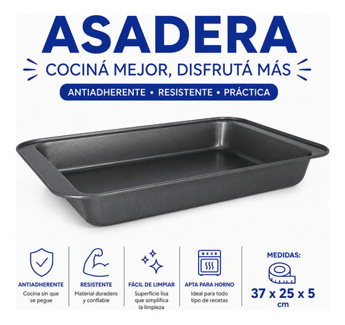 Asadera Fuente Rectangular Horno 37x25x5cm Amplio Práctico Negro