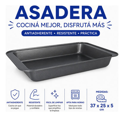 Asadera Fuente Rectangular Horno 37x25x5cm Amplio Práctico Negro