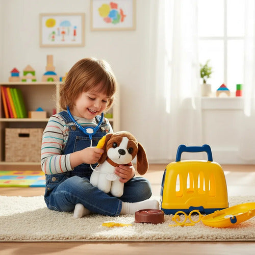 Set Veterinario Infantil Mascota Peluche Jaula Accesorios Amarillo Y Azul