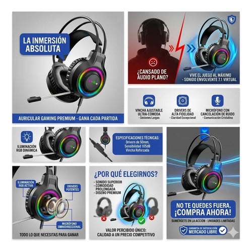 Auricular Headset Gamer Rgb Microfono Usb Audio Pc Consolas Negro