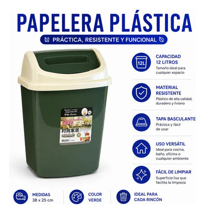 Papelera Plástica Cesto Residuos Basurero Tapa Vaivén 12l Verde