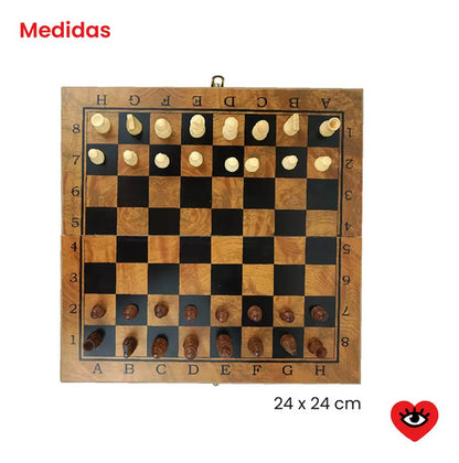 Juego Ajedrez Damas Backgammon Tablero Madera 24cm Portatil Veoquiero