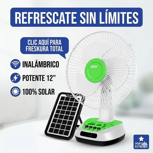Ventilador Panel Solar Inalambrico Recargable Usb Focos 12  Blanco Con Verde