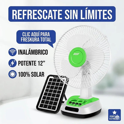 Ventilador Panel Solar Inalambrico Recargable Usb Focos 12  Blanco Con Verde