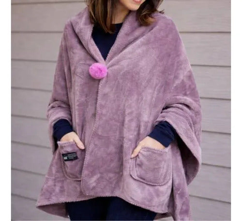Poncho Manta Corderito Bolsillo 170x65cm Abrigo Frio 450gr Rosa Liso U