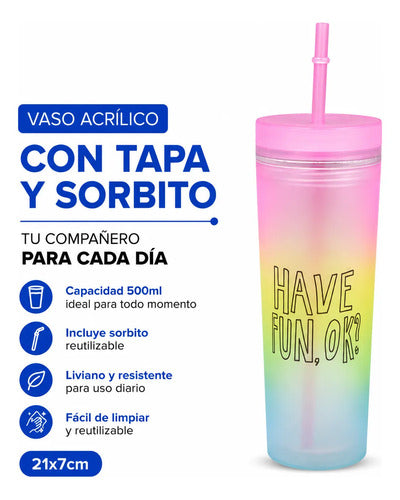 Vaso Acrílico Tapa Sorbito Multicolor Frase 500ml Liviano Multicolor