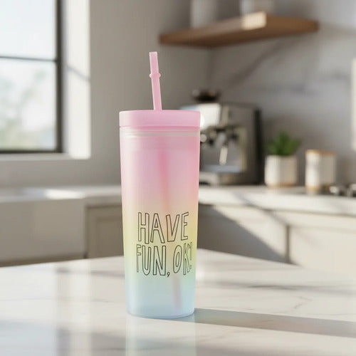 Vaso Acrílico Tapa Sorbito Multicolor Frase 500ml Liviano Multicolor