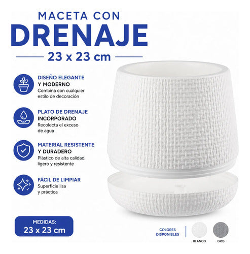 Maceta Decorativa Plástica Texturada Redonda Plato Drenaje Blanco