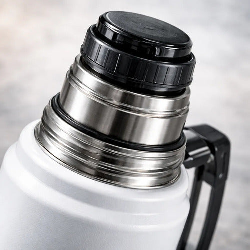 Termo Hermético Inoxidable Asa Plegable 1200ml Doble Pared Blanco