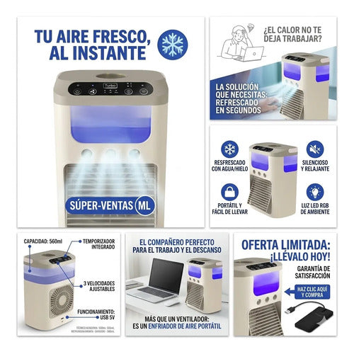 Ventilador Portatil Humidificador Agua Hielo Usb 560 Mls Rgb Beige