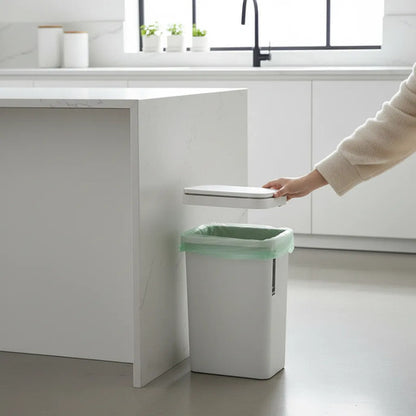Papelera Cesto Basura Plástico Tapa Apertura Superior Botón Gris