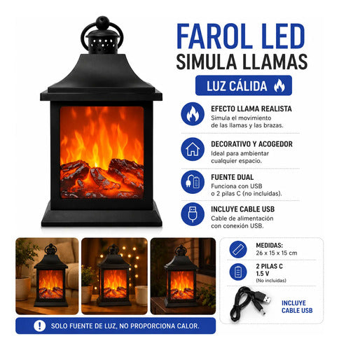 Lampara Farol Led Decorativo Efecto Llama Usb Pilas Fuego Negro Naranja