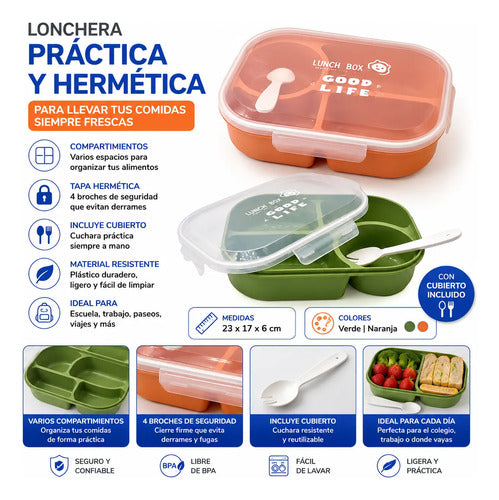 Lonchera Plástica Recipiente Hermético Cubierto 23x17cm Verde