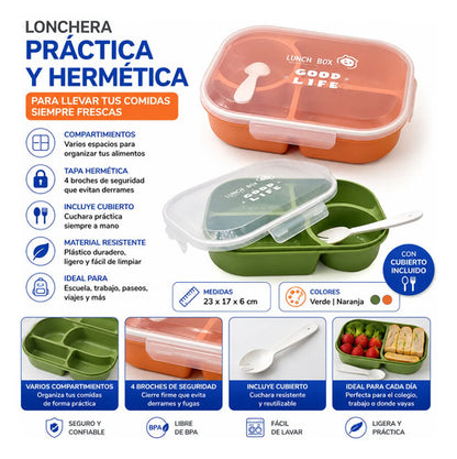 Lonchera Plástica Recipiente Hermético Cubierto 23x17cm Verde