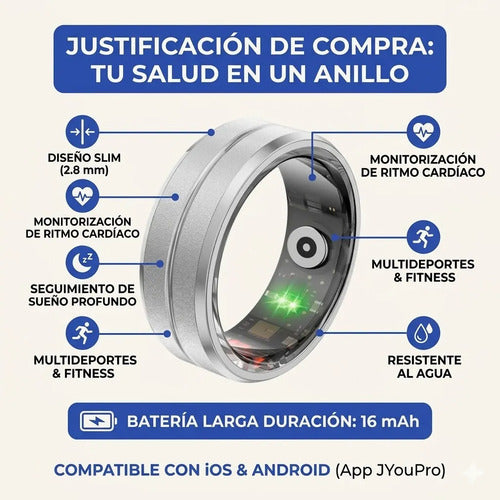 Anillo Inteligente Monitoreo Sueño Talle 8 Ios Android Plateado 8