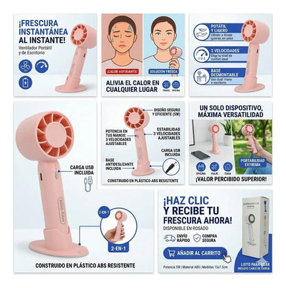 Mini Ventilador Inalambrico Portatil Base Escritorio Usb 5w Rosa