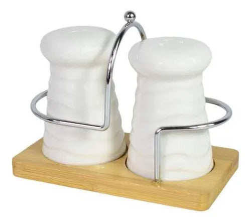 Set Salero Pimentero Porcelana Base Bambú Cerámica Soporte Blanco Y Madera Natural