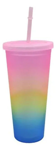 Vaso Acrílico Multicolor 450ml Con Sorbito Y Tapa Bebida Multicolor