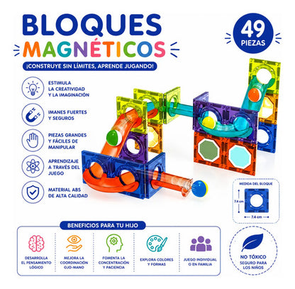 Juego Bloques Magnéticos Infantiles 49 Piezas Pista Bolitas 49
