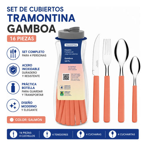 Set Kit Juego De Cubiertos Acero Inoxidable Pack X16 Piezas Salmón