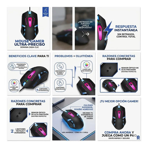 Mouse Optico Gamer Usb Luces Rgb 4 Botones Pc Computadora Negro