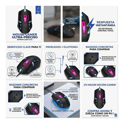 Mouse Optico Gamer Usb Luces Rgb 4 Botones Pc Computadora Negro