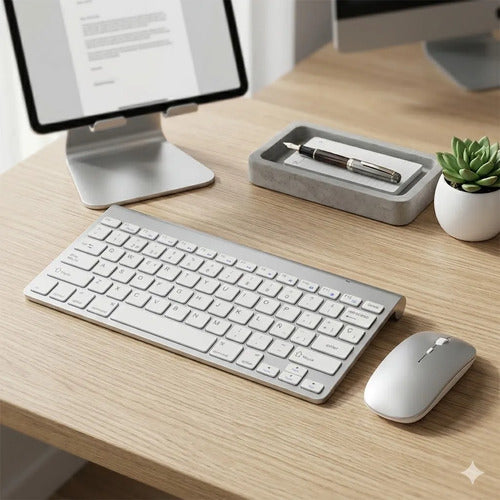Combo Teclado Mouse Inalambrico Español Ñ Slim Usb 2.4ghz Pc Plateado