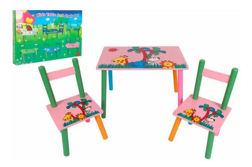 Set Mesa Infantil 2 Sillas Madera Diseño Animado Niños Rosa
