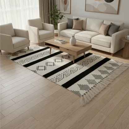 Alfombra Bohemia Decorativa Algodón Flecos Geométrica 140cm 140 M 60 M Aleatorio