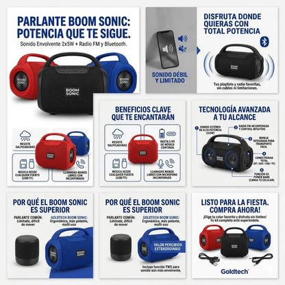 Parlante Inalambrico Bluetooth Ios Android Manija Radio 10w Rojo