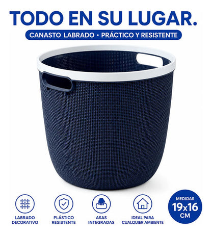 Canasto Cesto Plástico Labrado Multiuso Asa Organizador 19cm Azul