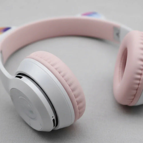 Auricular Orejas Gato Vincha Bluetooth Tf Micrófono Infantil Blanco