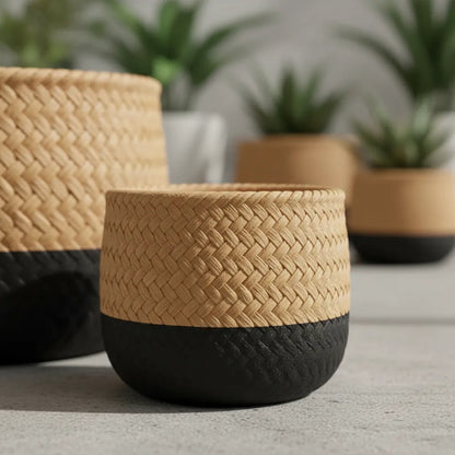 Maceta Cerámica Decorativa Labrada Diseño Yute 13cm Rústica Beige Con Negro