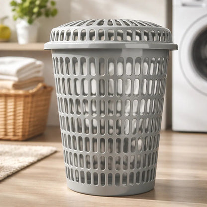 Canasto Cesto Ropa Tapa Plástico Calado Redondo Resistente Gris