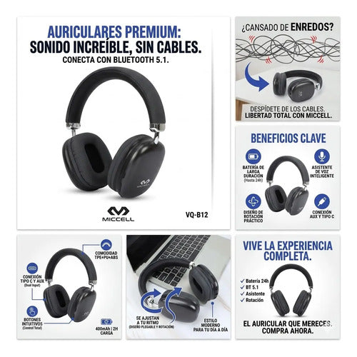 Auricular Inalambrico Vincha Bluetooth Ios Android Headset Negro