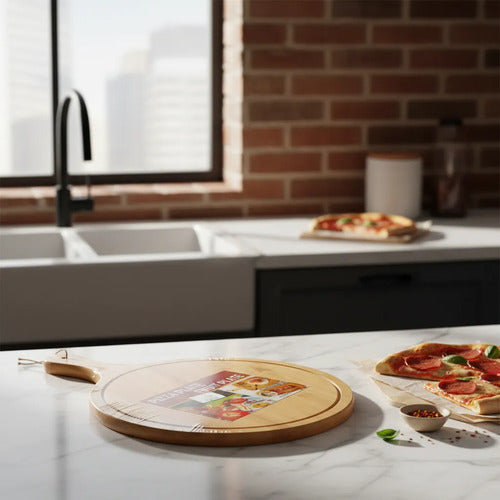 Tabla Pizzera Madera Mango 50x35cm Redonda Picar Cortar Pizzera Con Mango Marrón