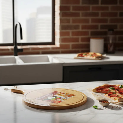 Tabla Pizzera Madera Mango 50x35cm Redonda Picar Cortar Pizzera Con Mango Marrón