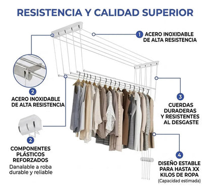Tender Techo Regulable 5 Varillas Acero Inoxidable 120x38cm Blanco