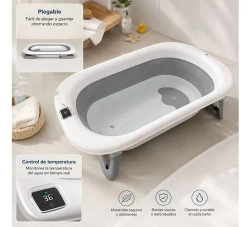 Bañera Infantil Plegable Termómetro Digital Plástico 75x47cm Gris