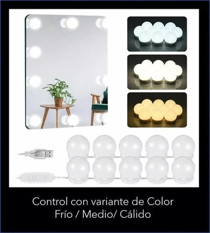 Kit 10 Focos Lamparas Luz Led Espejo Usb Maquillaje Camarin Blanco Cálido
