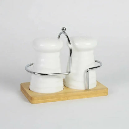 Set Salero Pimentero Porcelana Base Bambú Cerámica Soporte Blanco Y Madera Natural
