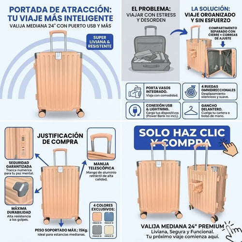 Valija Viaje Rigida 4 Ruedas Colores Puerto Usb 24 Pulgadas Blanco Rayas