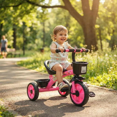 Triciclo Bicicleta Infantil 3 Ruedas Pedales 2 Canasto Acero Rosa