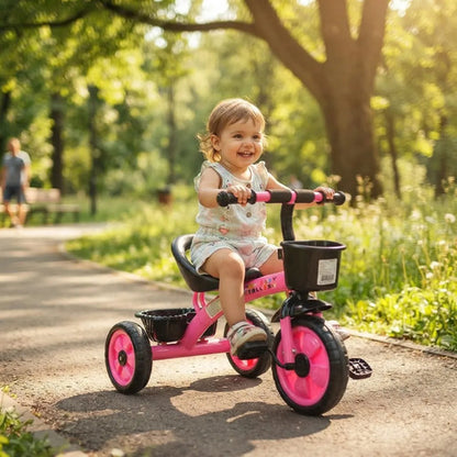 Triciclo Bicicleta Infantil 3 Ruedas Pedales 2 Canasto Acero Rosa