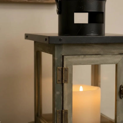 Farol Decorativo Rústico Portavelas Madera Metal 26x15cm Gris Envejecido Con Negro