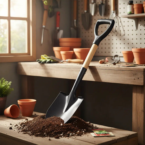 Pala Punta Acero Mango Ergonómico 68cm Jardinería Madera Negro