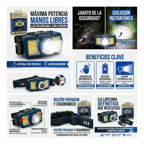 Linterna Vincha Led Recargable Sensor Luz De Emergencia 8x4c Blanco
